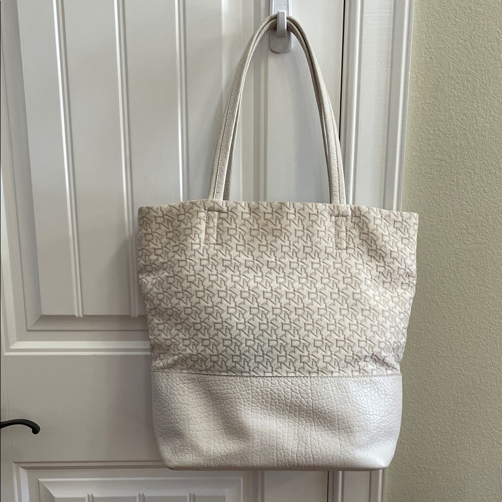 DKNY Cream and Tan Patterned Tote Purse with Leather Trim